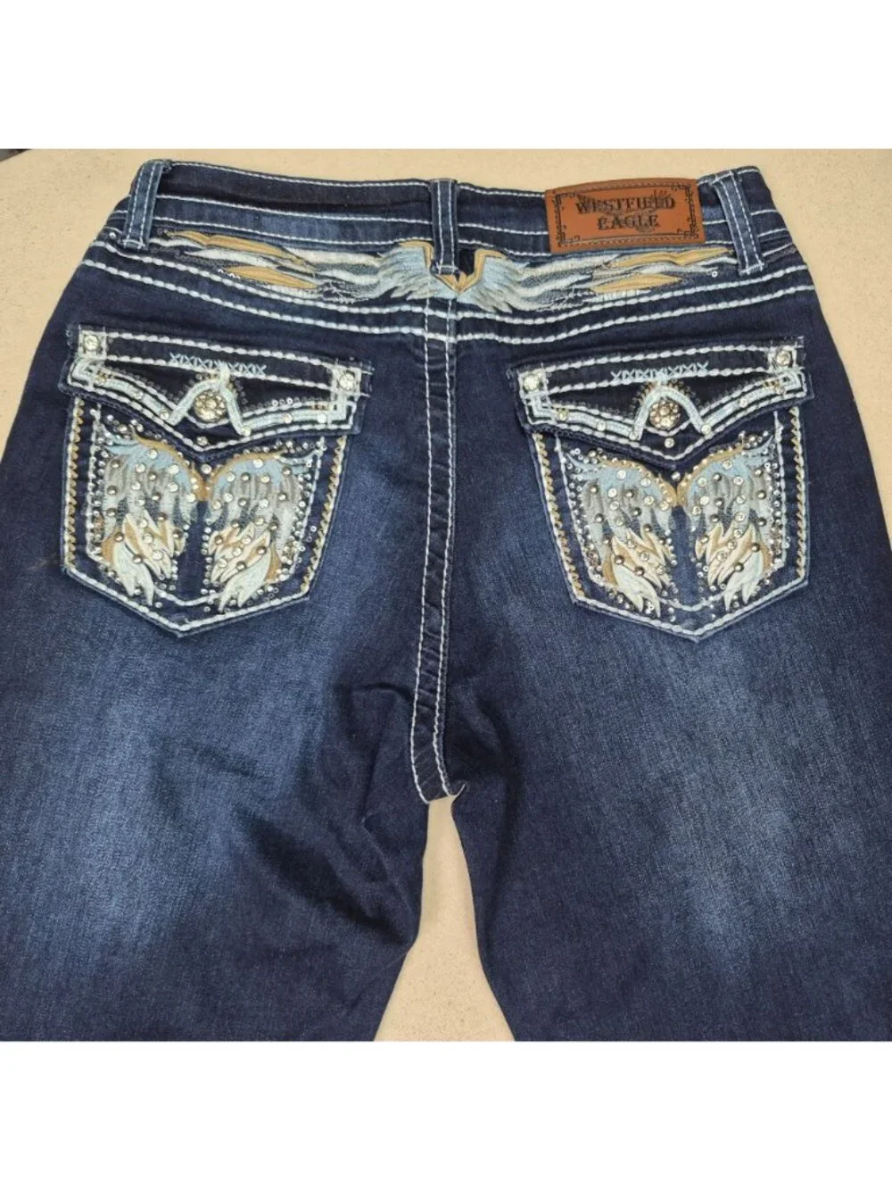 Westfield Eagle Womens Blue Jeans Embellished Straight Boho Dark Wash Sz 9 29/32